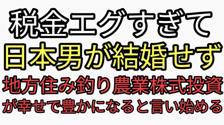 税金エグすぎて日本人男が結婚せず地方に住んで釣り農業しつつ株式投資して生活するのが幸せで豊かに過ごせると言い始めてしまう