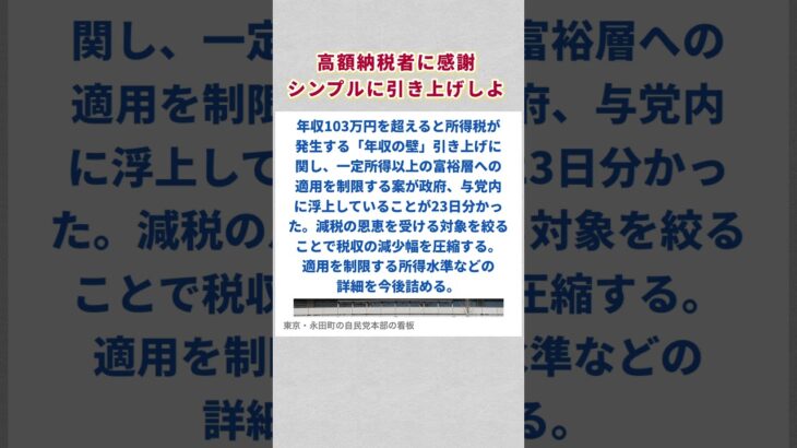 【税金】所得減税、富裕層の適用制限案　「103万円の壁」引き上げで。#所得税 #103万の壁 #shorts