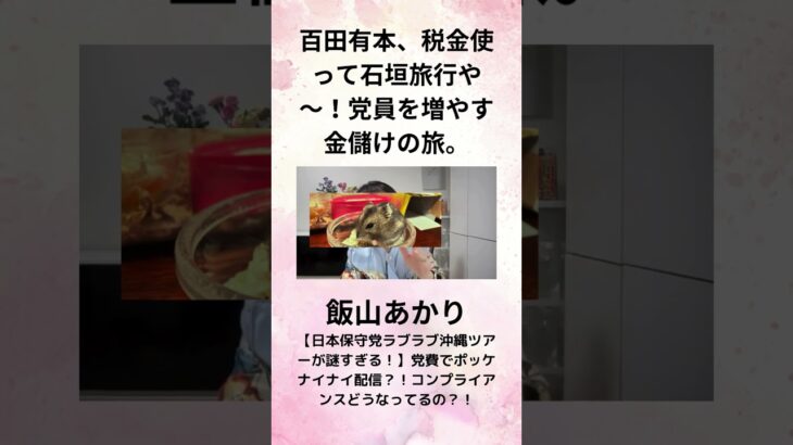 ①飯山あかり 百田有本、税金使って石垣旅行や～！党員を増やす金儲けの旅。【日本保守党ラブラブ沖縄ツアーが謎すぎる！】党費でポッケナイナイ配信？！コンプライアンスどうなってるの？！