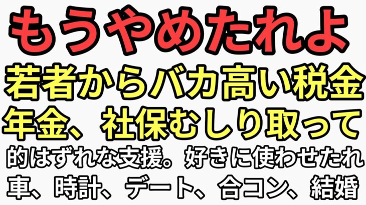 もうやめたれよ！若者から高い税金、年金、社保むしり取って的はずれな支援　好きにお金使わせやれよ車、時計買ってデートして恋愛、結婚するだろ　いいかげんにしろや