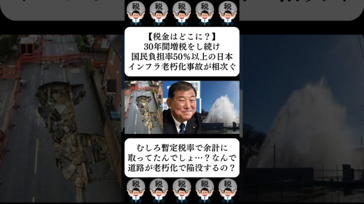 【税金はどこに？】30年間増税をし続け国民負担率50％以上の日本、インフラ老朽化事故が相次ぐ…に対する世間の反応