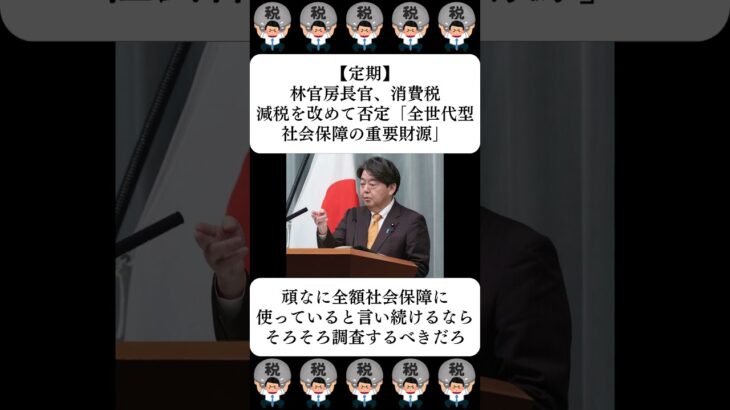【定期】林官房長官、消費税減税を改めて否定「全世代型社会保障の重要財源」…に対する世間の反応